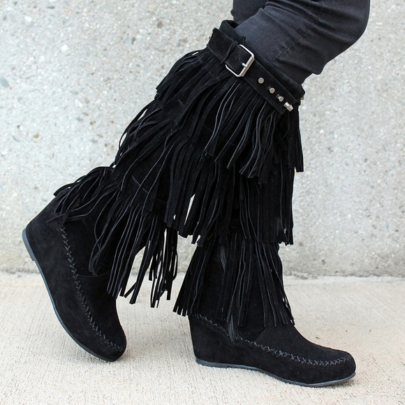 Bridget-02 Fringe Women's Wedge Moccasin Boots - Picture 1 of 4